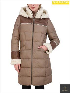 Quilted Puffer Coat Faux Shearling Hood Mid-Length Winter
